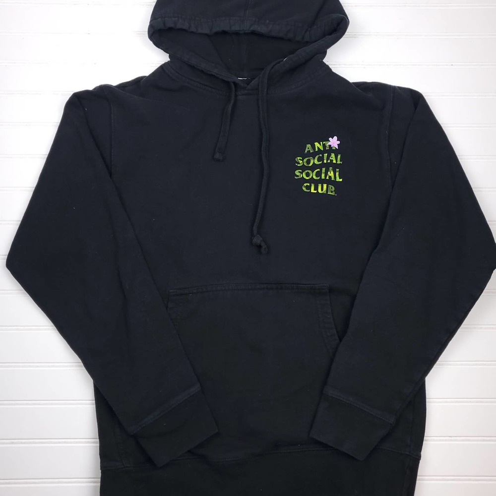 Anti Social Social Club Hoodie Black Sweatshirt Pullover Floral Green Lily Small